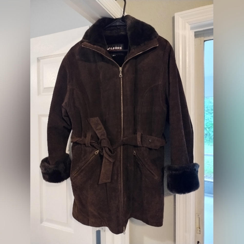 Wilsons Leather Jacket Mid Thigh Length With Belt Faux Fur Lined Size Large